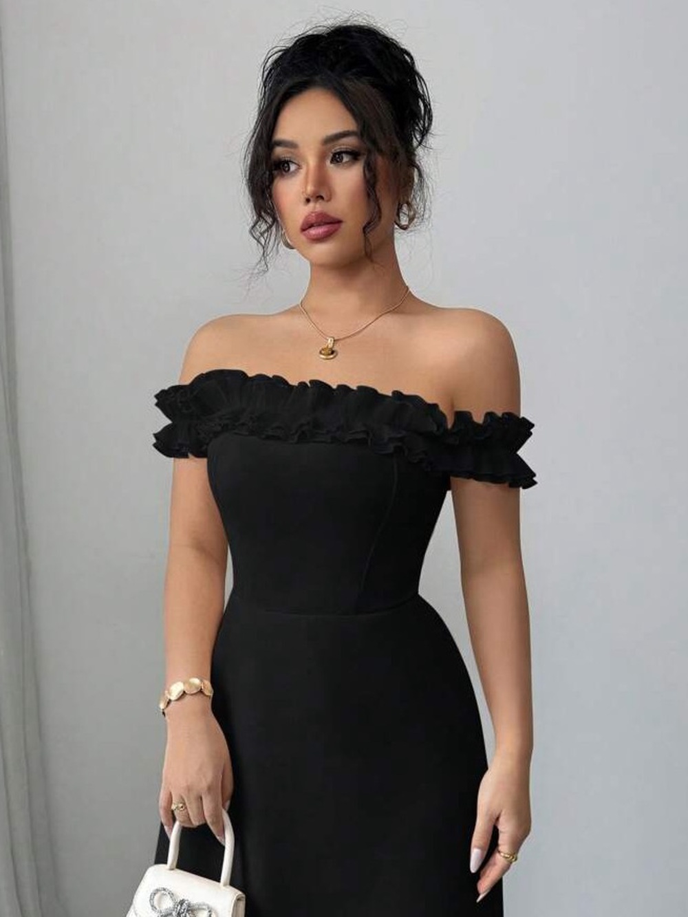 SHEIN Black Off-Shoulder Ruffle Cocktail Dress
